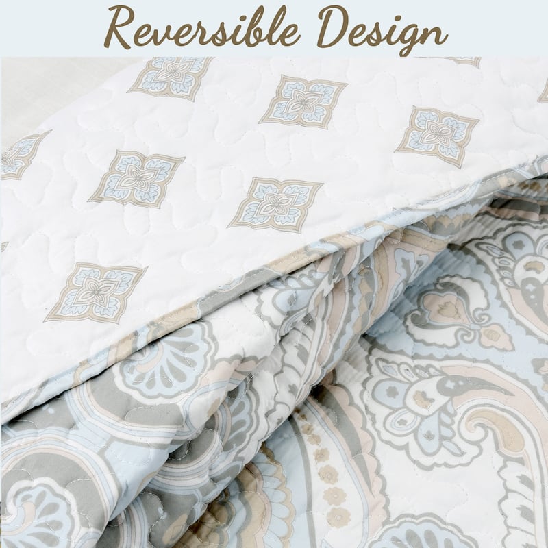 Cozy Line Modern Medallion Sky Blue Tan Gray Brocade Polyester Quilt Bedding Set