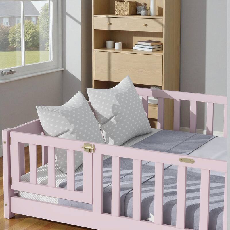 Full Size Rubber Wood Floor Bed with Fence and Door, Montessori Platform Bed with Safety Guardrails for Kids