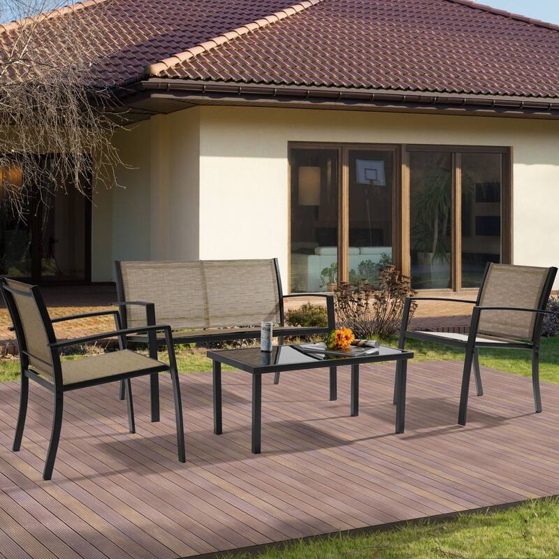 LIVOOSUN Patio 4pcs Textilene Conversation Set /w a Coffee Table - Tan
