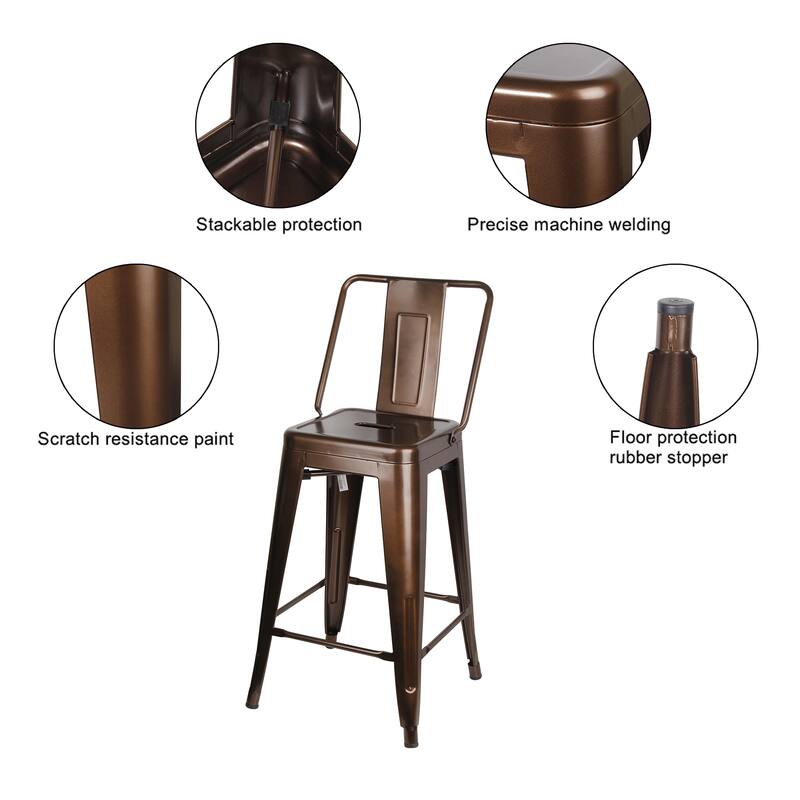 24" Counter-Height High Back Metal Bar Stool-Set of 2