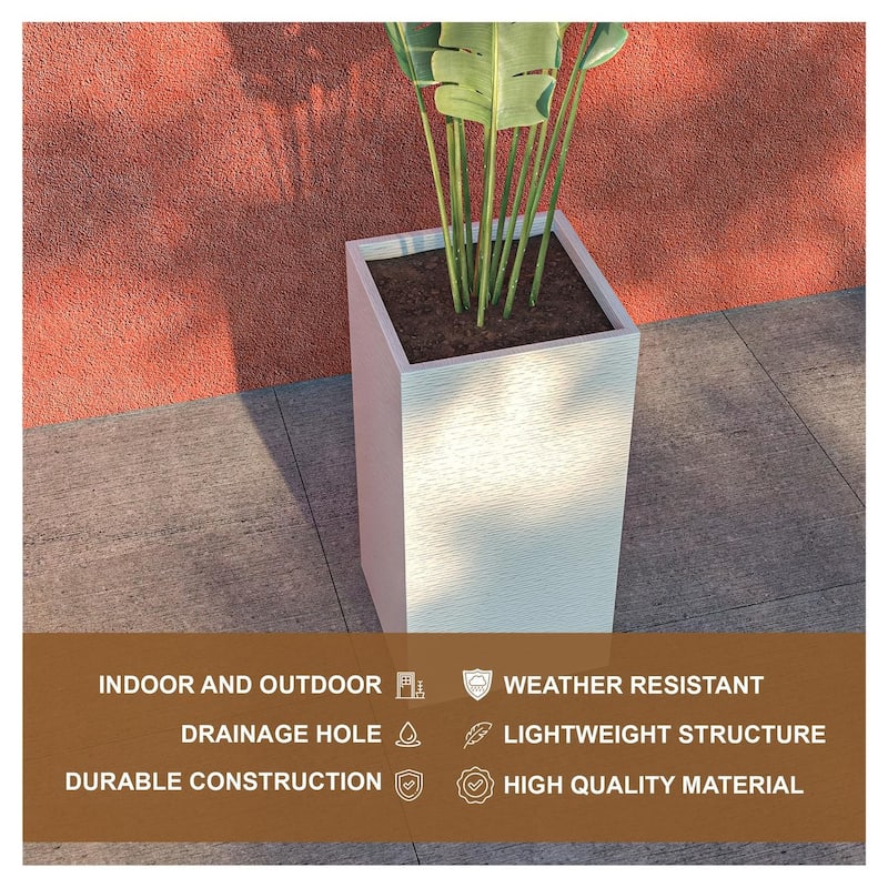 Basalt Modern Tall Square MGO Fiberstone Planter with Drainage, Weather-Resistant Indoor & Outdoor Patio Pot