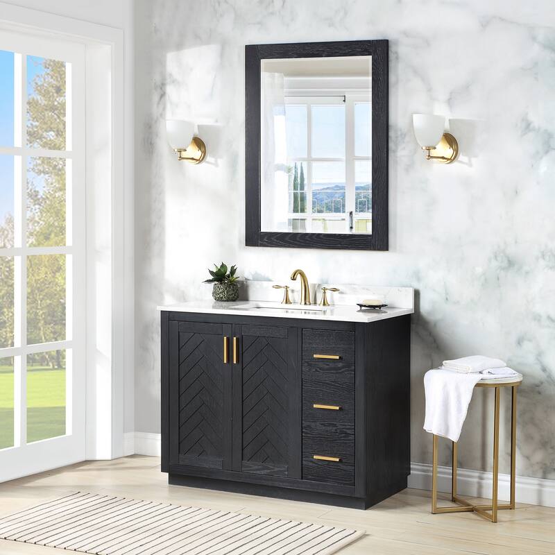 Altair Gazsi Bathroom Vanity with Composite Stone Countertop with Mirror - 42 in - Black Oak + Warm Gold Hardware