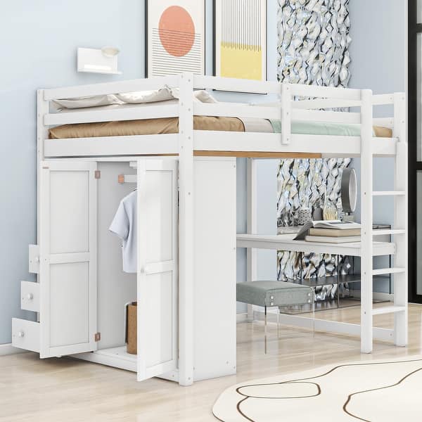 slide 2 of 15, Full Size Loft Bed with Wardrobe, Desk, Shelves, Drawers, White, Wood Frame White