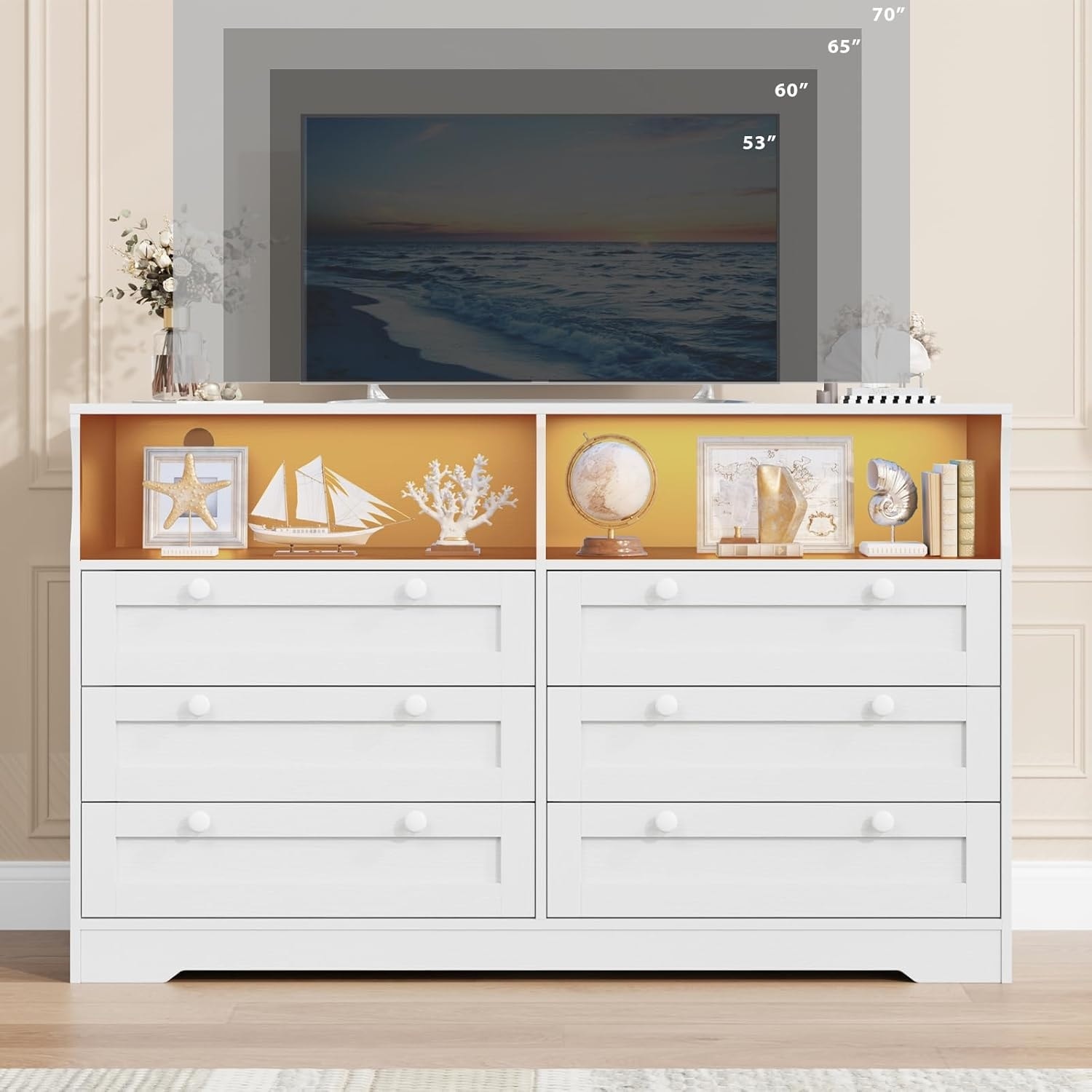 Modern 6 Drawer Dresser with Power Outlet and LED Light
