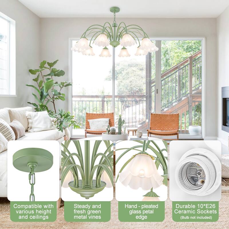 Botanical Green Chandelier with Floral Frosted Glass Shades