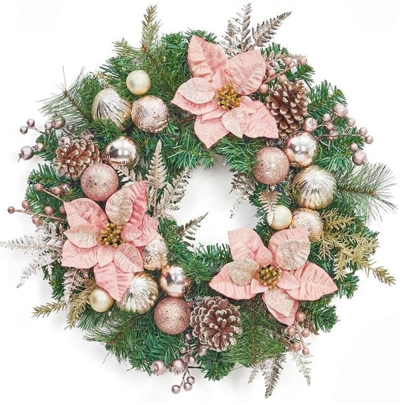 22" Christmas Wreath with Lights for Front Door with Rose Gold Balls Poinsettia Flowers - N/A - Pink