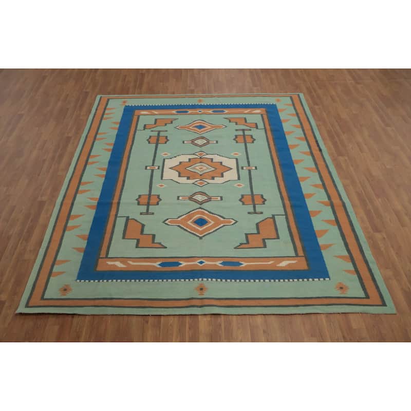 Hand Woven Oriental 100% Wool Carpet Southwestern Tribal Green Kilim Area Rug - 9' 11'' X 8' 6''