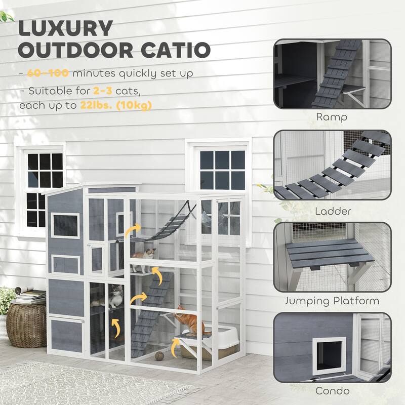 PawHut Catio Outdoor Cat Enclosure, Large Wooden Cat House with 4 Tier Resting Rooms, 3 Platforms, 1 Soft Ladder, 2 Ramps