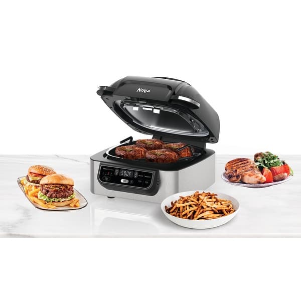 7 In 1 Smokeless Electric Indoor Grill with Air Fry, Roast, Bake, Portable  2 in 1 Indoor Tabletop Grill & Griddle with Preset Function, Removable  Non-Stick Plate, Air Fryer Basket, 6-Serving 