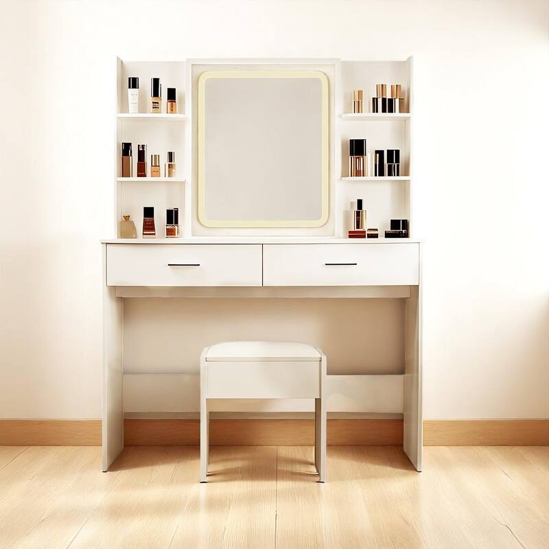 Vanity Table with Mirror and Lights - 42.5" Makeup Desk with Charging Station, 2 Drawers, 6 Shelves