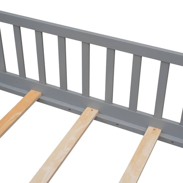 Twin/Full/Queen size Floor Platform Bed with Fence and Door for Kids, Toddlers