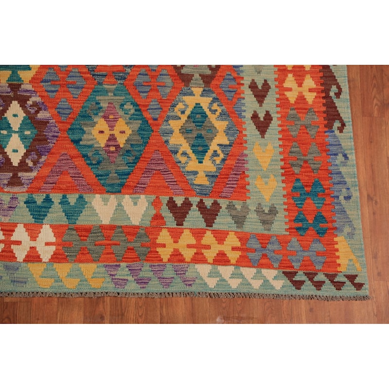 Orange Kilim Reversible Rug Flatweave Oriental Wool Carpet - 8'5"x 11'2"