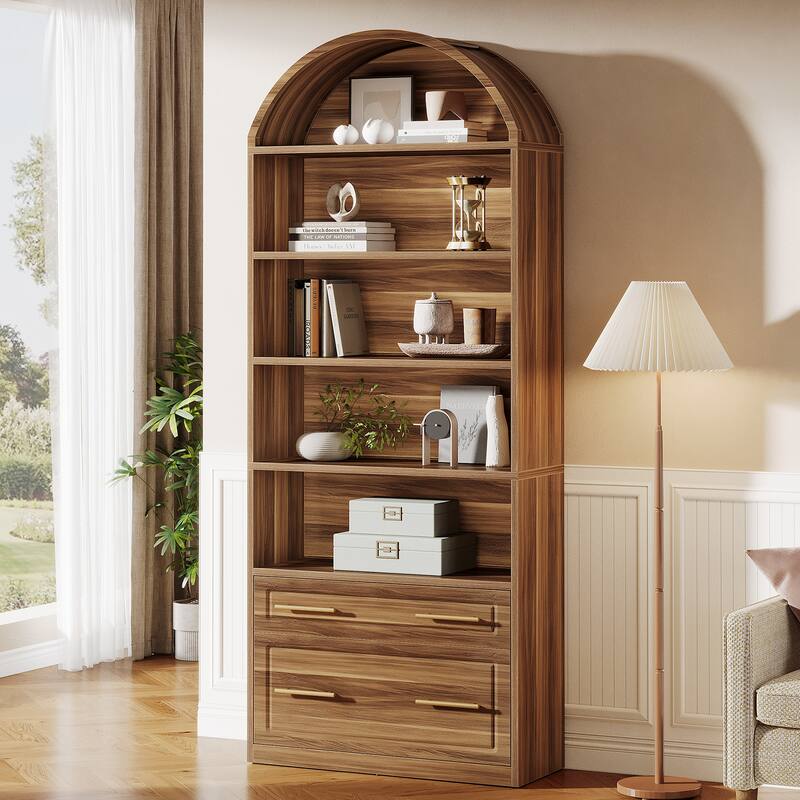5-Tier White Arched Bookshelf with File Cabinet Drawer, 76.8" Tall Freestanding Wooden Bookcase