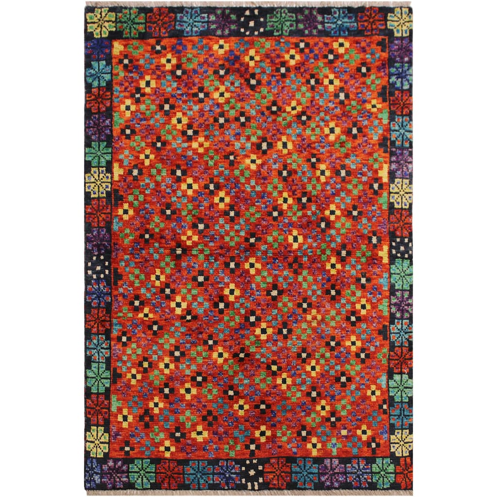 Eclectic Balochi Peters Orange/Black Hand Knotted Wool Rug - 3'4'' x 4'9''