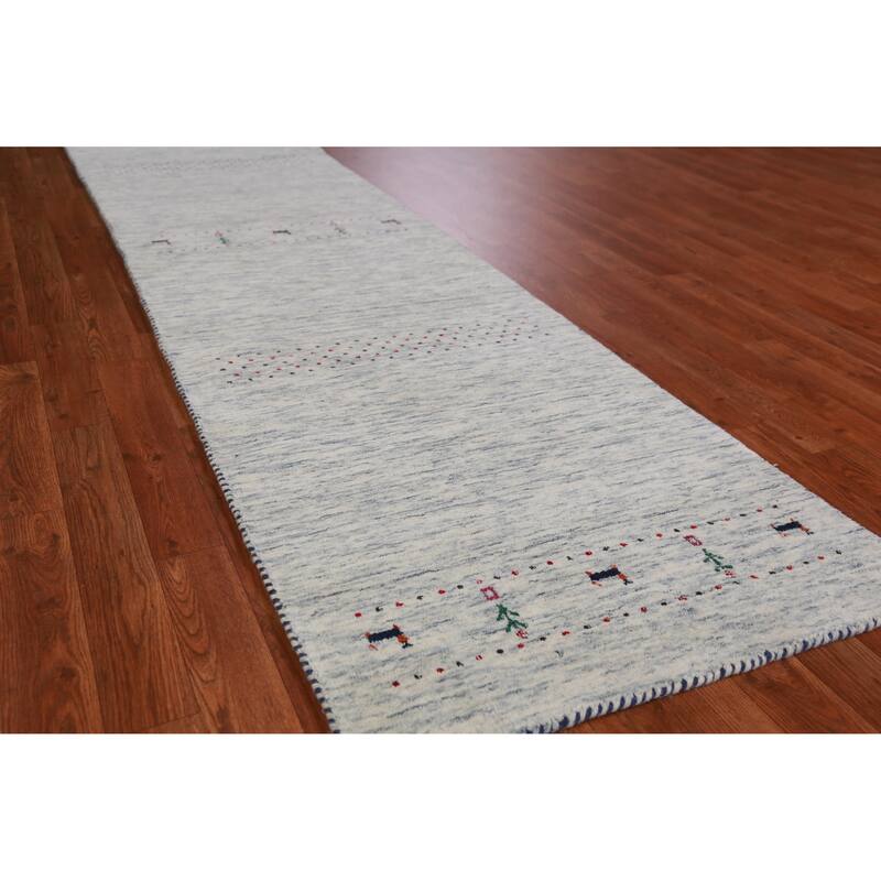 Hand Knotted Oriental 100% Wool Carpet Tribal Animal Pictorial Beige & Ivories Gabbeh Runner Rug - 9' 11'' X 2' 5''
