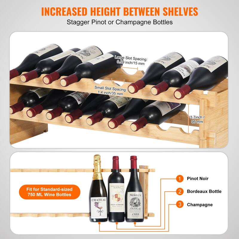 Anmytek Natural Bamboo 2 Tier Stackable Wine Rack Holds 18 Bottles for Kitchen Home Bar Expandable Storage
