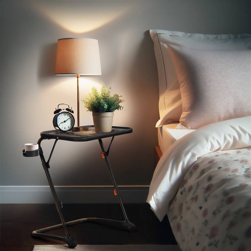 Homylin Adjustable Folding TV Tray Table with Cup Holder, Portable Snack & Laptop Table - Black