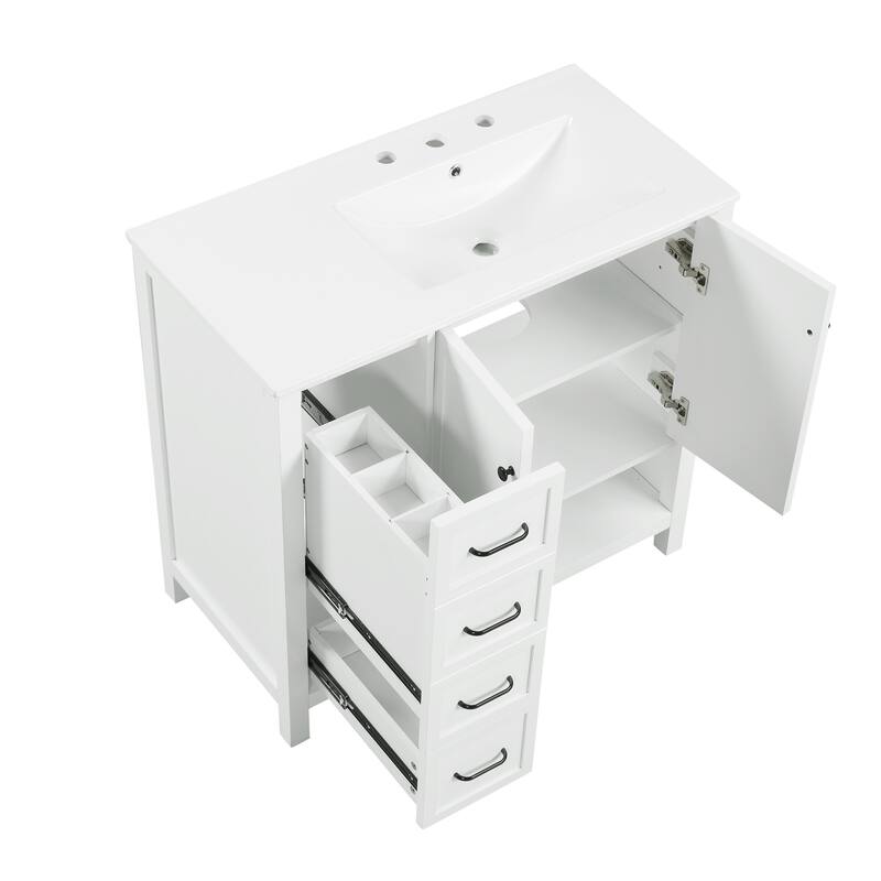 Roomfitters 36" Bathroom Vanity with Sink, Right-Side Basin, Solid Wood Frame, 2 Doors, 2 Drawers & Open Shelf