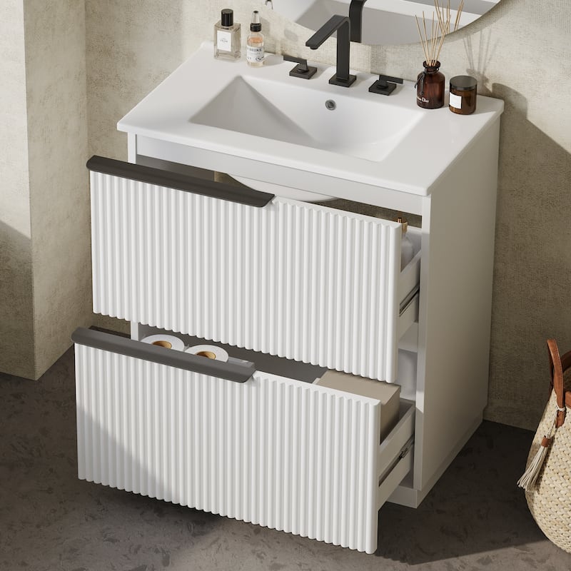 30" Bathroom Vanity with Ceramic Sink and Full-Extension Drawers, Freestanding Bathroom Vanity with Soft Close Drawer Slides