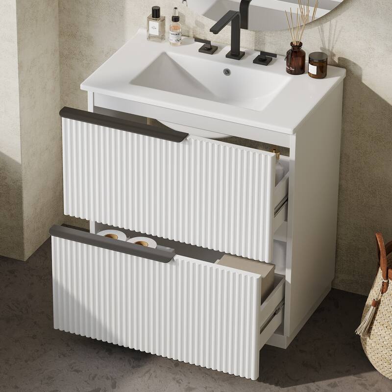 Fluted Bathroom Vanity with Ceramic Sink, Freestanding Vanities Set, Bathroom Storage Cabinet with Full-Extension Drawers - White