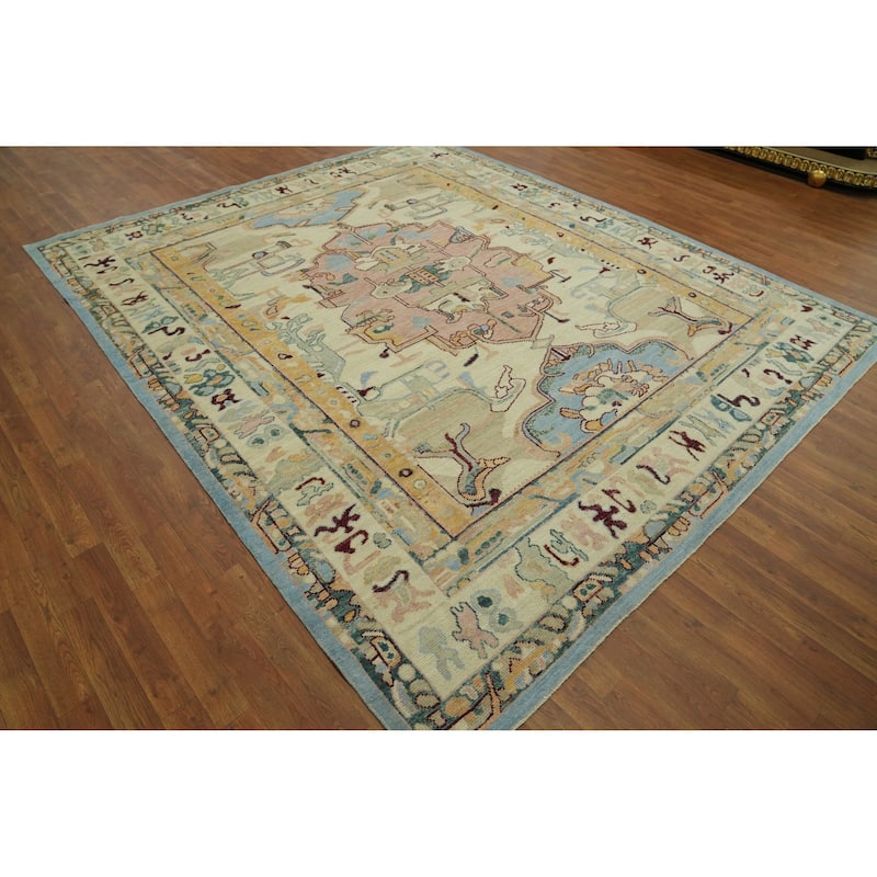 Vegetable Dye Wool Oushak Turkish Area Rug, Medallion Geometric Carpet - 9' 9'' X 8' 4''