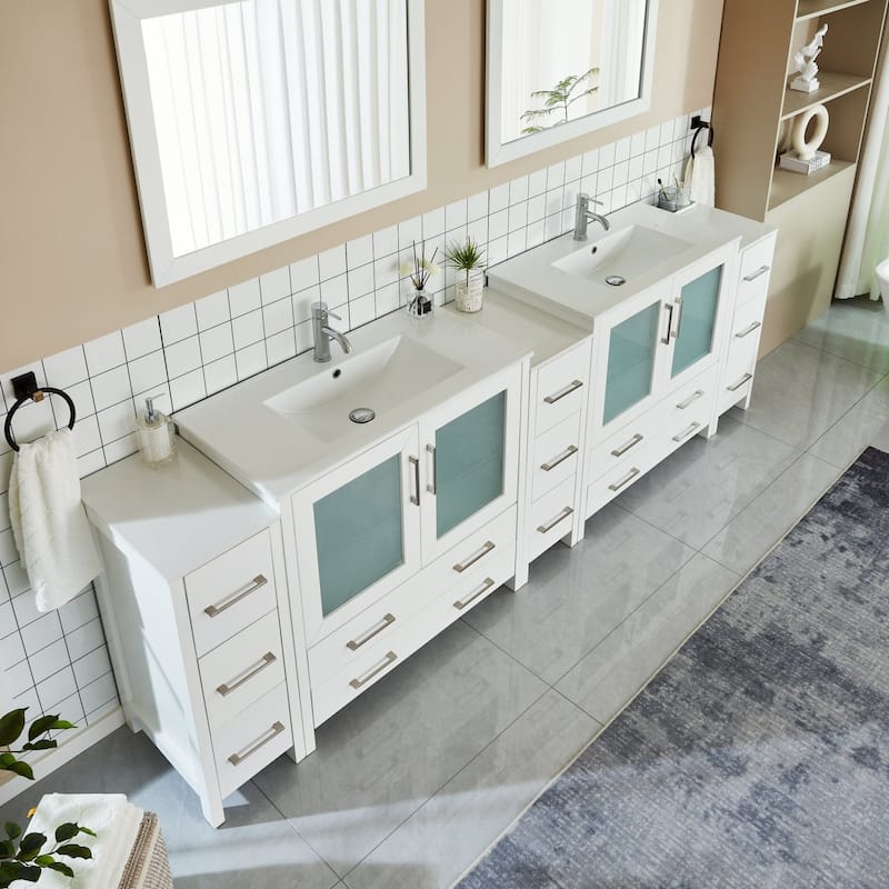 Vanity Art 108" Double Sink Bathroom Vanity Set 13 Dove-Tailed Drawers 3 Cabinets 2 Shelves Soft-Closing Doors with Free Mirror