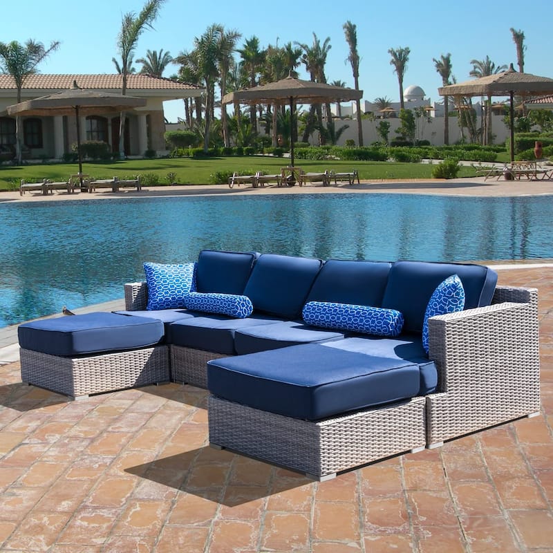 High-Density Polyethylene (HDPE) Wicker 6-Piece Fully Assembled Patio Couch Outdoor Sectional Sofa Set with Navy Blue Cushions