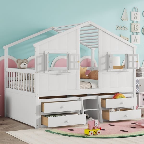 slide 2 of 14, House Loft Bed with Roof,4 Storage Drawers and Windows White