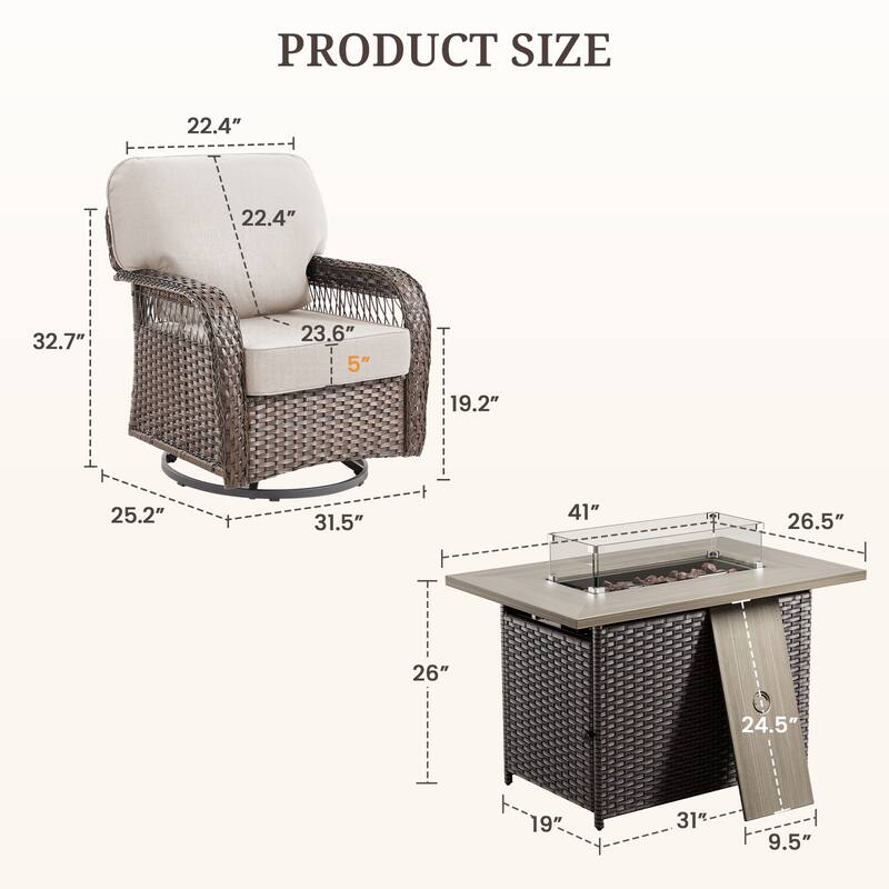 Pocassy Patio Sofa Ottoman Swivel Chair Table with Fire Table Set.