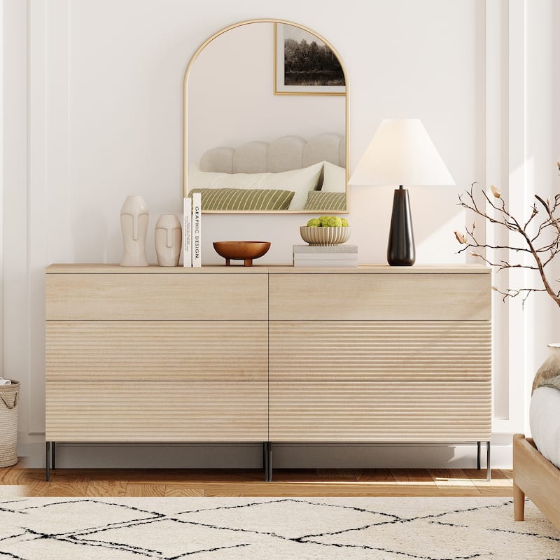 4 Pcs Bedroom Set，Reeded 6 Drawer Dresser and Nightstand Sets for Bedroom, Night Stand Set of 2