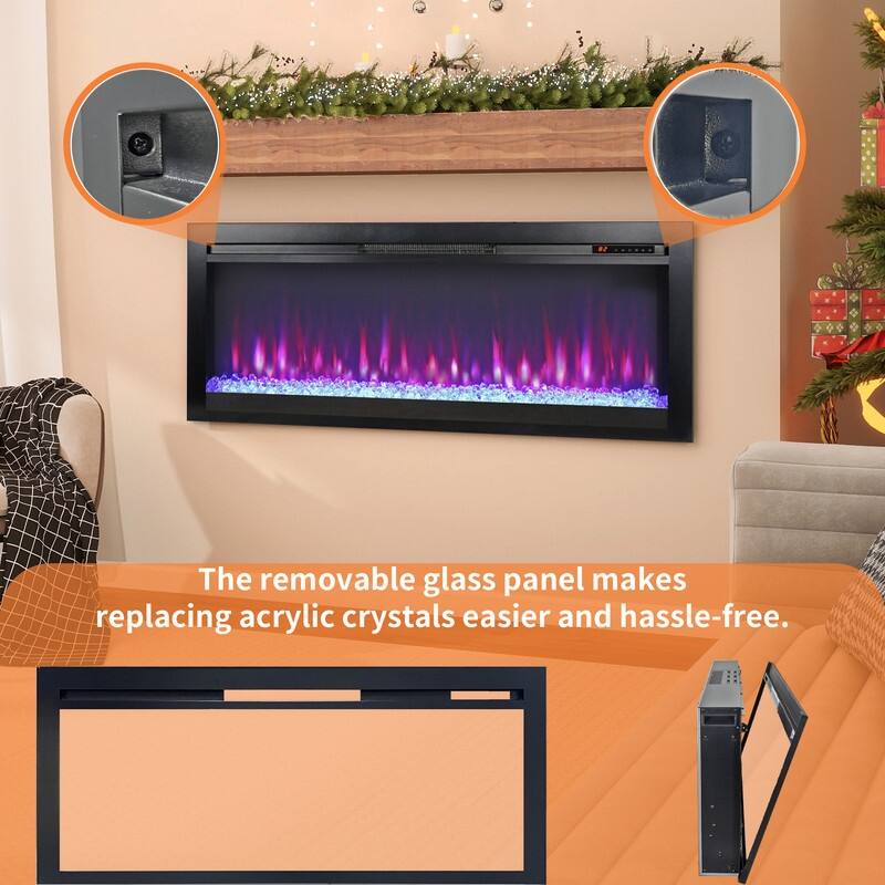 44 in. Wall Mount Recess Tempered Glass Electric Fireplace with remote multi color,LED light heater in Black