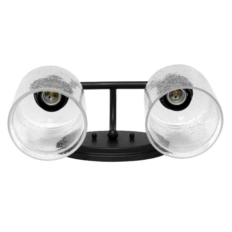 Two Light Vanity Wall Sconce - Metal & Glass Shade Uplight Downlight - Bathroom, Hallway, Entryway Decor - Black Finish - 6.5