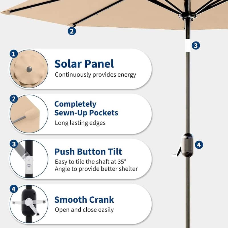 9 Ft Patio Umbrella with Solar Lights for Pool, Deck, Backyard