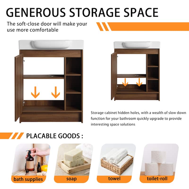 28 Inch Freestanding Bathroom Vanity Cabinet with Ceramic Sink,1 Soft Close Door and 3 Shelves