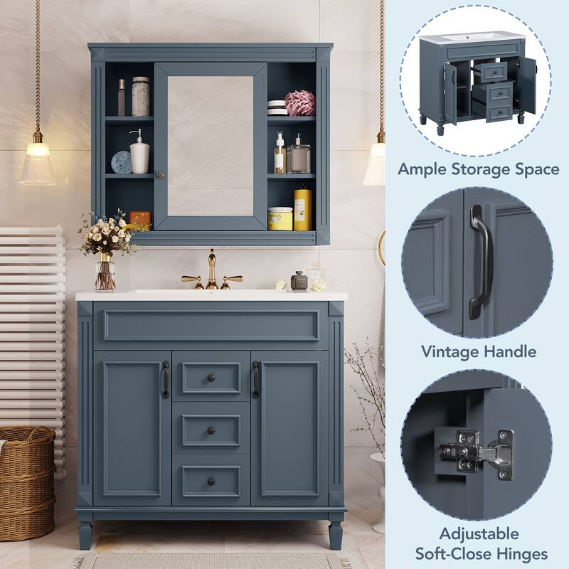 36'' Bathroom Vanity Combo Set with Mirror Cabinet, Modern Bathroom Storage Cabinet with 2 Soft Closing Doors and 2 Drawers