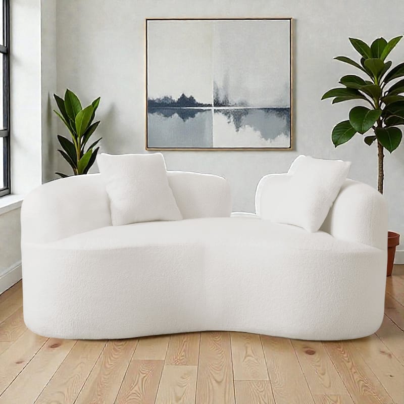 66.93 Inch Curved Loveseat Compression Sofa, Teddy Velvet No Assembly Couch for Small Spaces Apartments - White