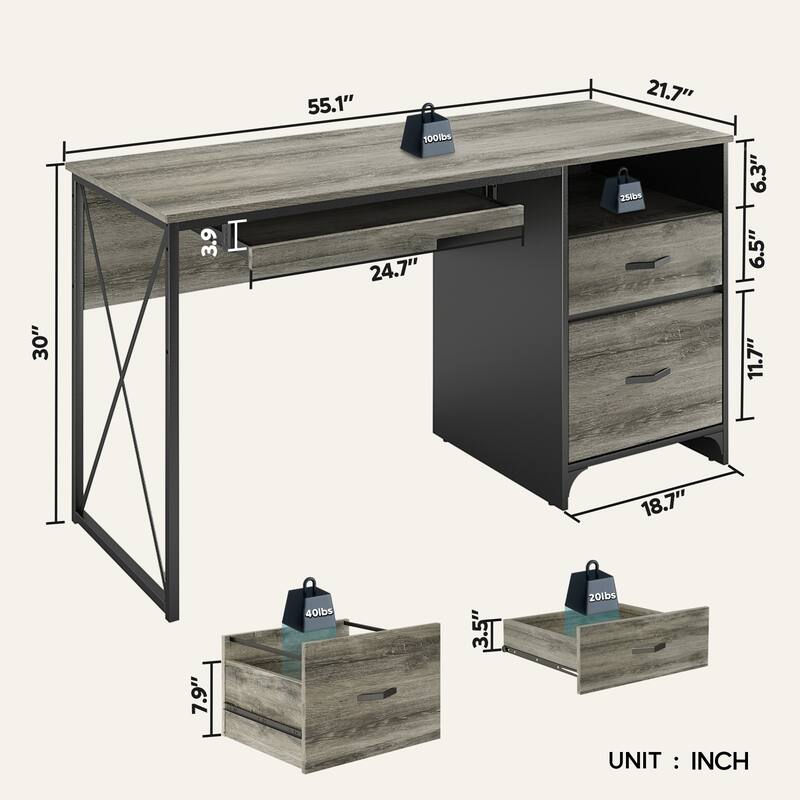 55 inch Computer Desk with Keyboard Tray and Storage Drawers