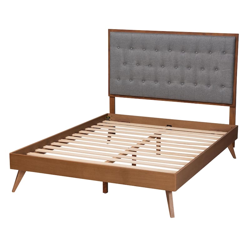 Dericia Classic and Traditional Grey Fabric and Walnut Brown Finished Wood Platform Bed