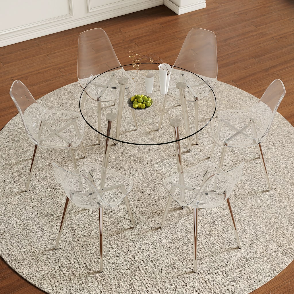 7-Piece Dining Table Set.A 38.6" Transparent Tempered Glass Round Dining Table with 6 Transparent Plastic Dining Chair