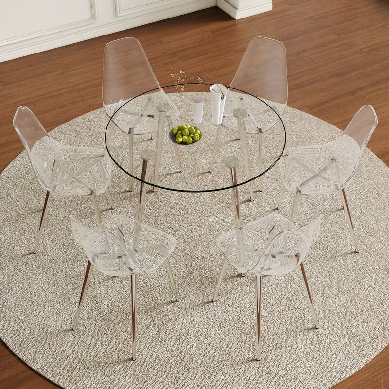 7-Piece Dining Table Set.A 38.6" Transparent Tempered Glass Round Dining Table with 6 Transparent Plastic Dining Chair - Silver,Transparent
