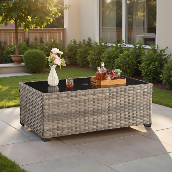 OVIOS Rectangle Wicker Patio Coffee Table with Umbrella Hole - On