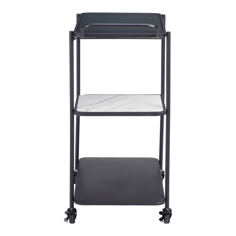 HomeRoots 25" Black Steel and Faux Marble Glass Rolling Bar Cart - 25.00 in. x 32.30 in. x 16.00 in.