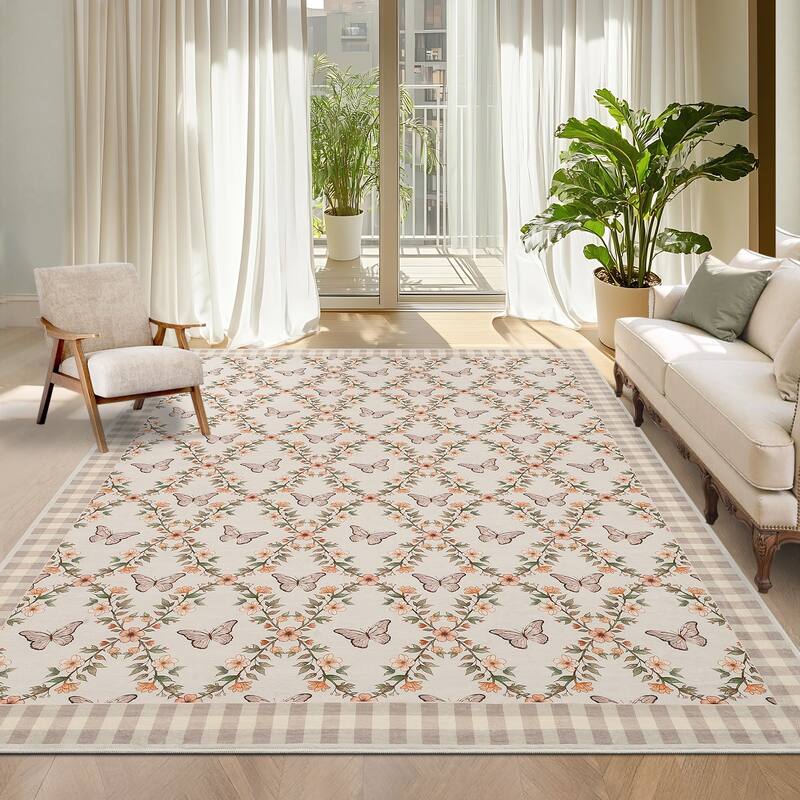 Butterfly Pattern Rugs for Living Room, Modern Floral Area Rug, Washable Border Plaid Non Slip Floor Carpet - 8'x10' - Brown