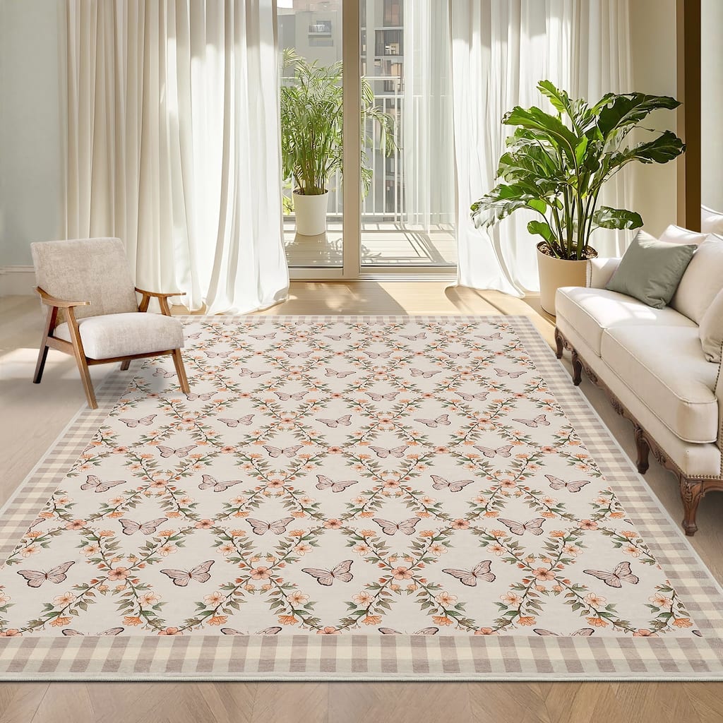 Butterfly Pattern Rugs for Living Room, Modern Floral Area Rug, Washable Border Plaid Non Slip Floor Carpet