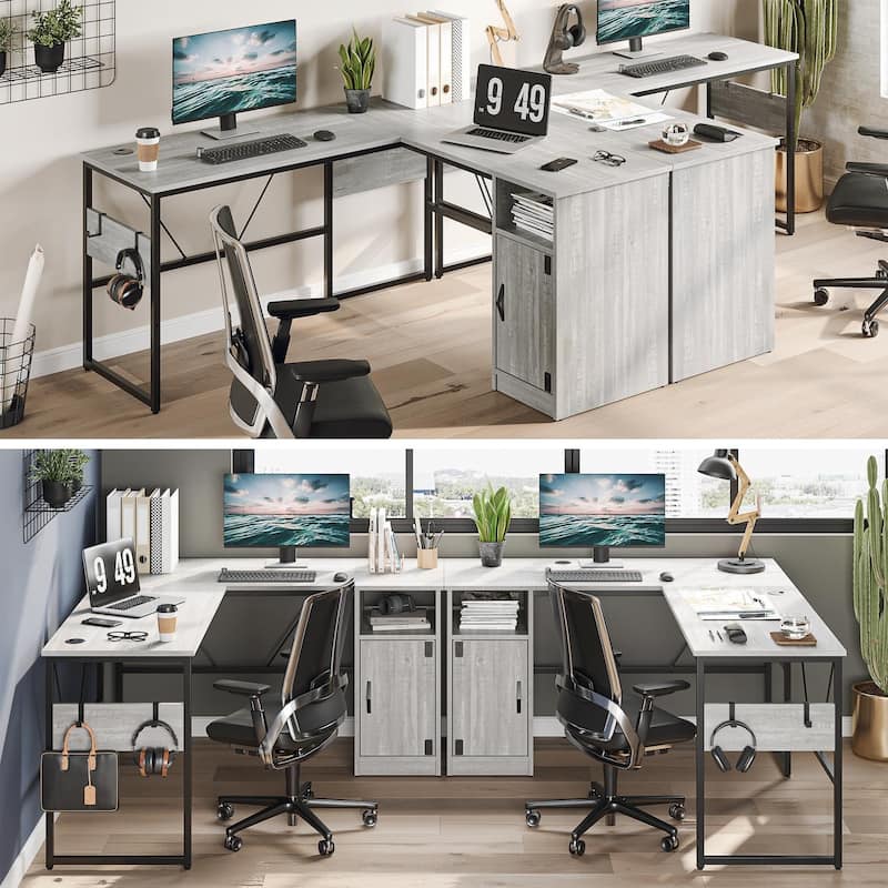60'' L Shaped Desk with Storage Cabinet Office Computer Desk