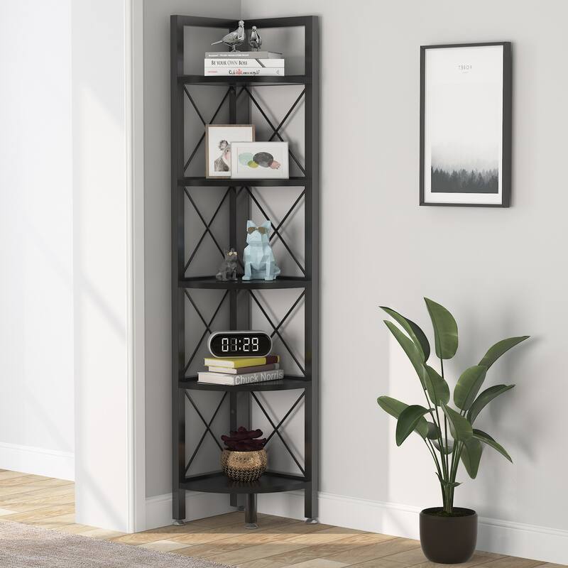 5 Tier Corner Shelves, Rustic Corner Bookshelf Small Bookcase Plant Stand for Living Room