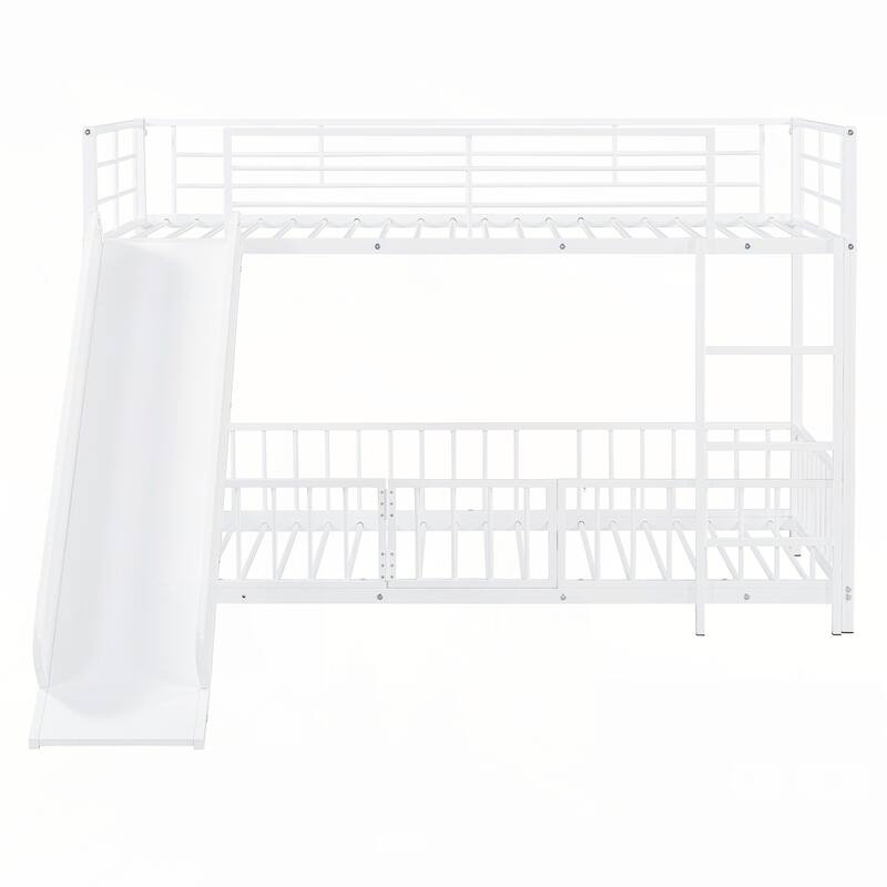 Twin over Twin Size Metal Bunk Bed with Slide and Guardrails