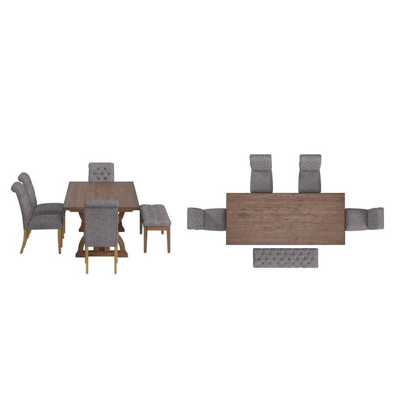 Bratislava Reclaimed Wood Table with Rolled Top Tufted Chairs Dining Set