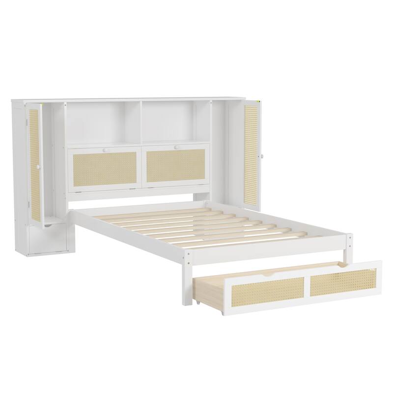 Twin Size Wooden Platform Bed with Storage Lockers, Drawer, and Headboard Shelf, Natural Rattan Design, White