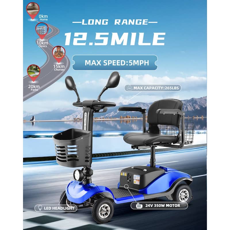 Folding Portable Mobility Scooter，Long-Range Battery Motorized Scooter for Seniors - Blue